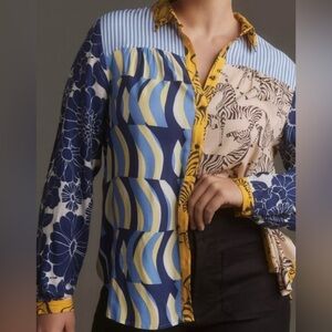 Maeve Anthropologie The Paz Button-down patchwork printed top